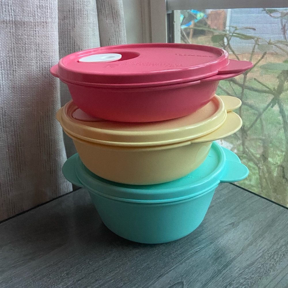 Tupperware Set - Pink, Yellow, and Teal MicroFlash containers